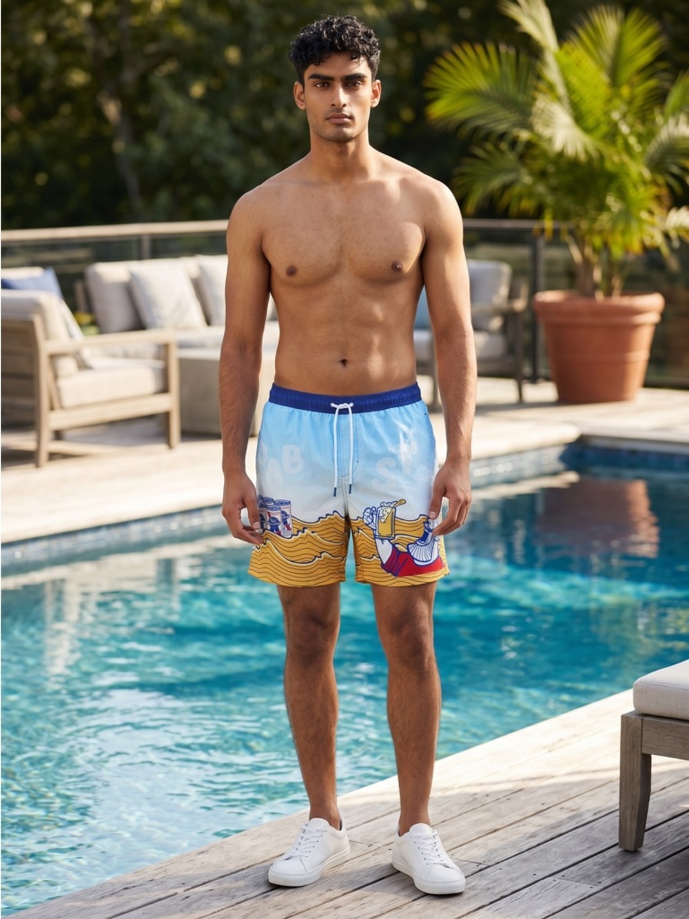 NWT 2XL Pabst Blue Ribbon Beer Light Blue & Yellow Graphic Swim Trunk